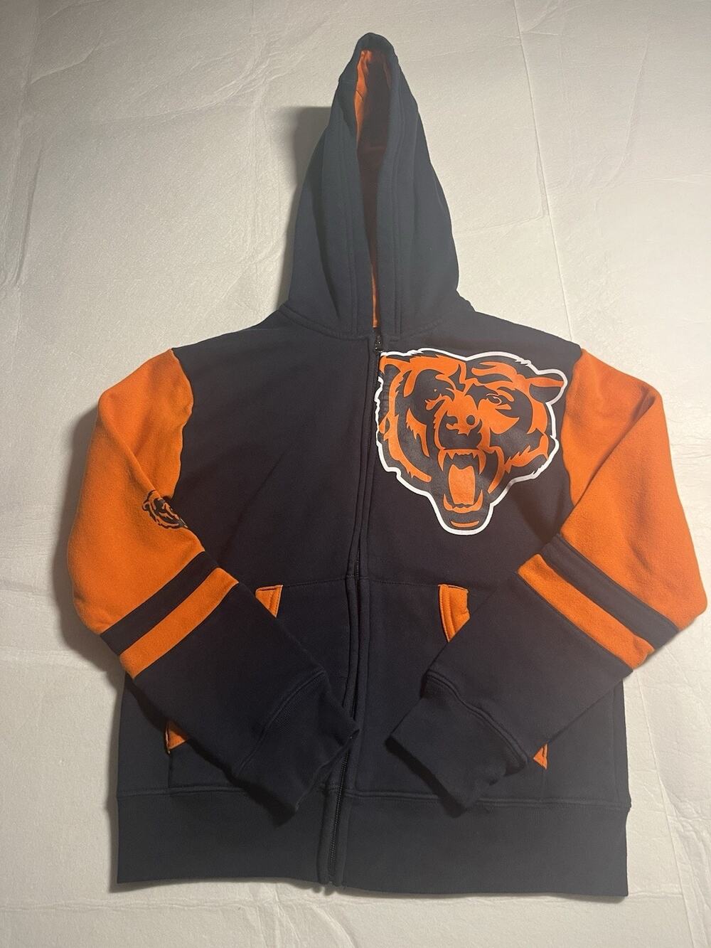 Chicago Bears Youth M 10/12 Full Zip Hoodie Navy Orange NFL Football 17x20
